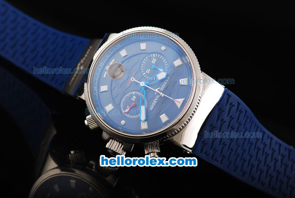 Ulysse Nardin Maxi Marine Swiss Valjoux 7750 Automatic Movement Steel Case with White Markers and Blue Dial-Blue Rubber Strap - Click Image to Close